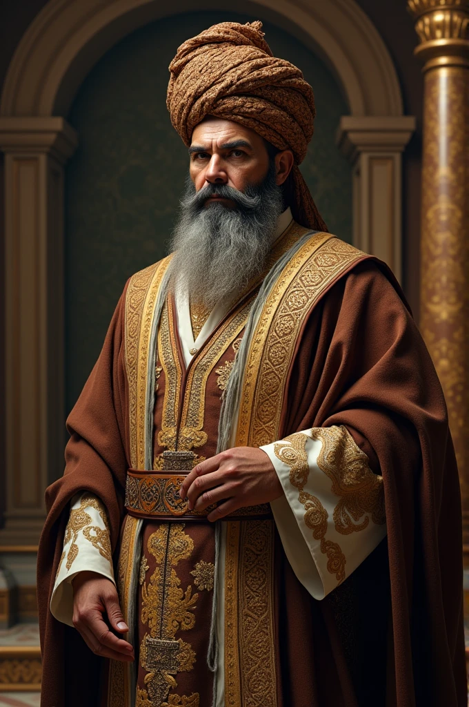 A turkic islamic man in brown and golden sultan suit with brown and golden turban