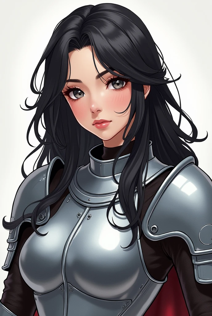 A bust-up illustration of a cool, cute, pretty female knight with long black hair and silver-toned armor