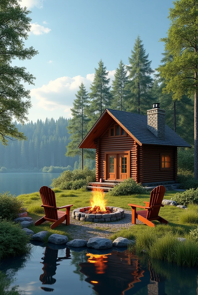 The image shows a beautiful log cabin on the shore of a lake. The cabin is made of wood and has a sloping roof with a chimney on the right side. It is surrounded by trees and greenery, and the lake is calm and still. In front of the cabin, there is a fire pit with two wooden Adirondack chairs on either side. The fire pit is made up of stacked rocks and is burning brightly. The sky is blue and there are a few clouds in the background. The overall mood of the image is peaceful and serene.