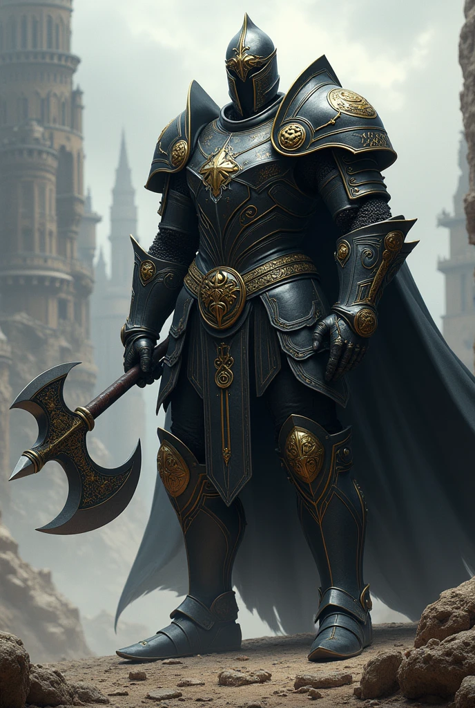 A knightly man with a sturdy black armor with golden decorations armed with an epic double-edged axe 