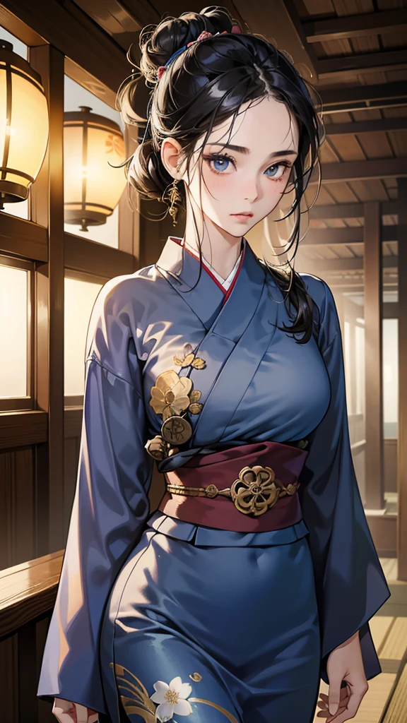 (perfect anatomy:1.2)(absurdres, highres, ultra detailed),masterpiece,best quality,high resolution,8k,Realistic face,Realistic skin texture,magnified textures, stunning clarity,(ultra detailed eyes and face),(1 girl:1.5),15 years old,black hair,messy bun,kanzashi,pale skin, mysterious eyes,navy blue yukata for summer,thin body type,big breasts,(expressionless:1.2)(bashful:1.1),Steampunk in the meiji Period、Japanese style luxury、night、Lobby of Japanese Onsen Ryokan、hieroglyph,Ancient Egyptian statues,look at viewer,(from front:1.3),Delicate atmosphere、,cowboy shot