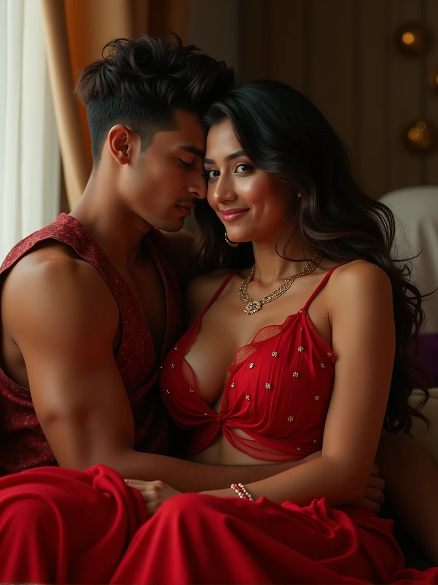 There is a 22-year-old Indian girl she is red wearing a lehenga and is sitting on her boyfriend's lap and is absolutely passionate sexy look