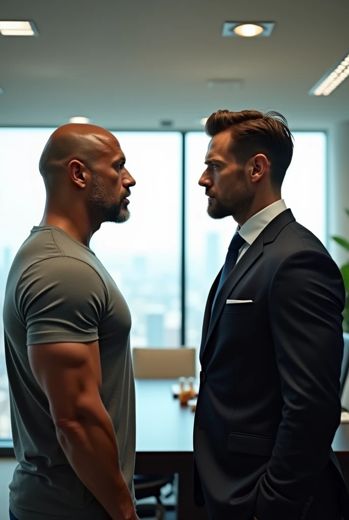 Dwayne johnson wearing t shirt and face to face with handsome muscular man with hair wearing formal dress at office room top floor,brighter l𝖎ght