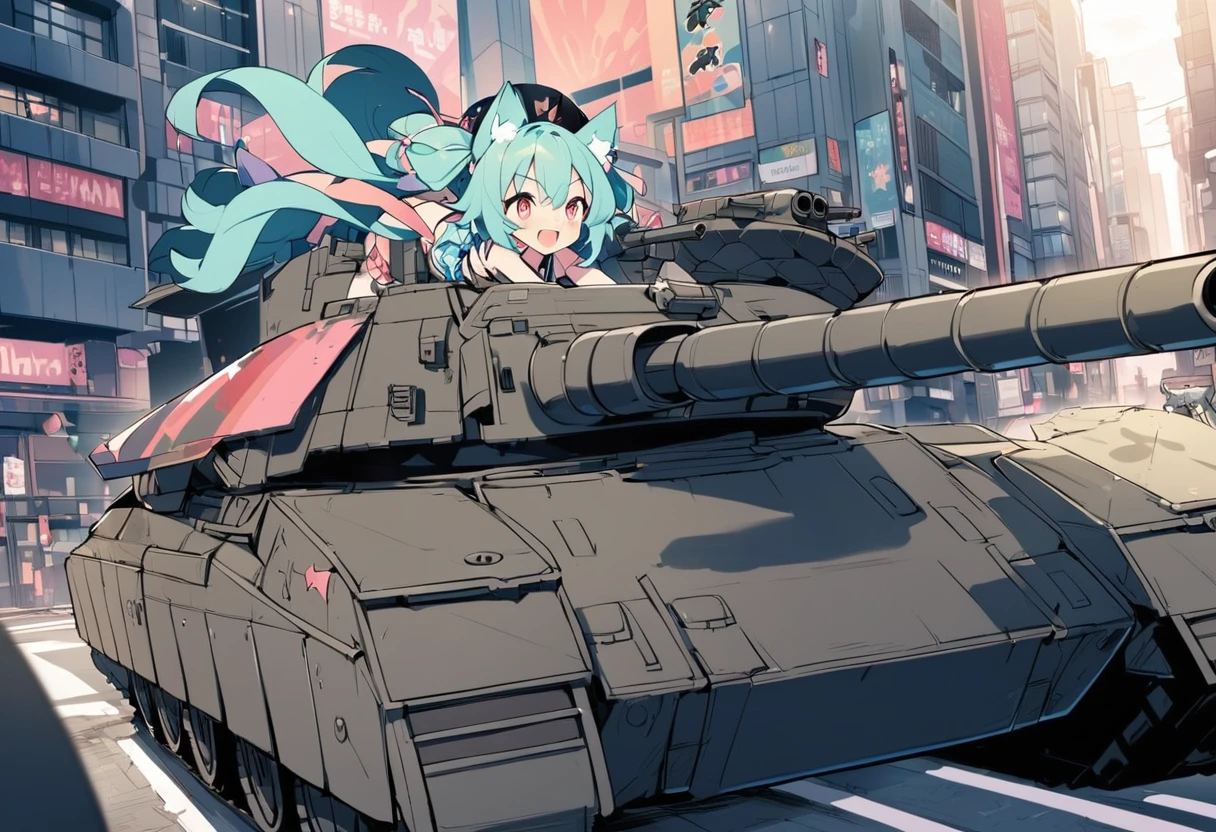 An anime catgirl in a bikini gleefully rides on the turret of a huge armored tank that matches the color scheme of her bikini, streets of tokyo
