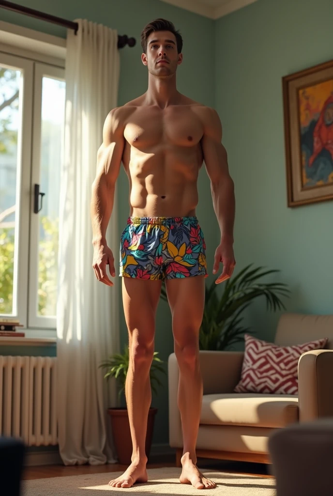 A young 10 feet tall athletic slim Caucasian male. Standing in his living room with his head touching the ceiling and wearing swim shorts.