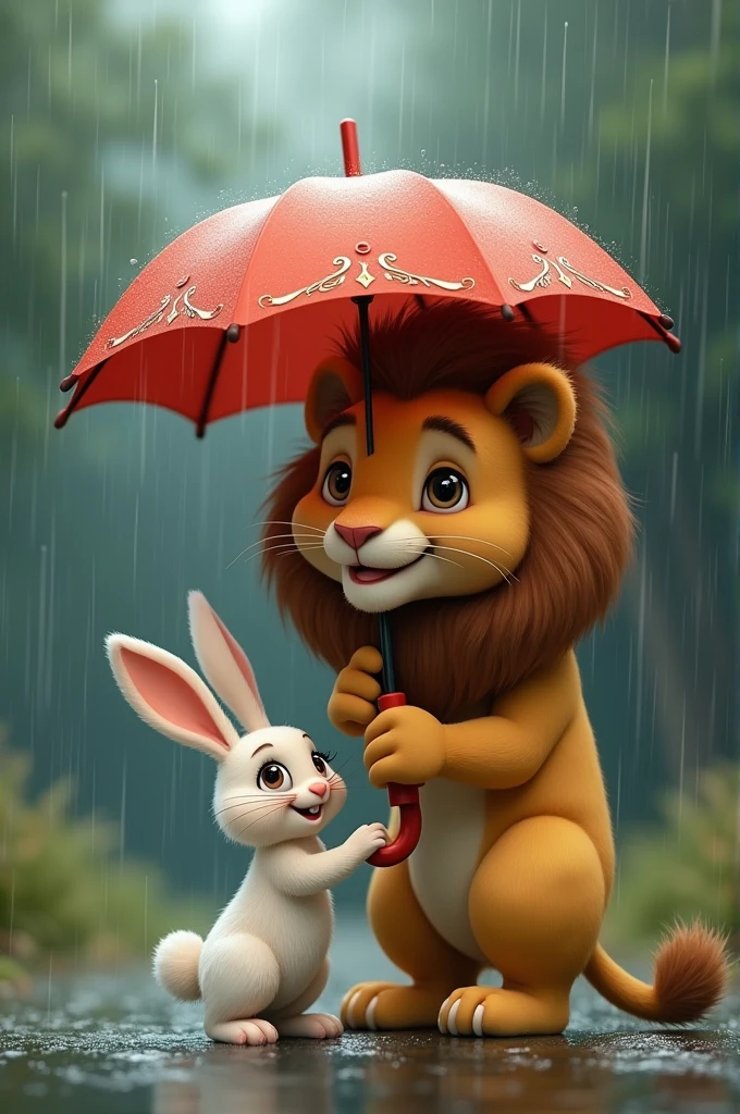 Cute rabbit save big lion in rain with umbrella
