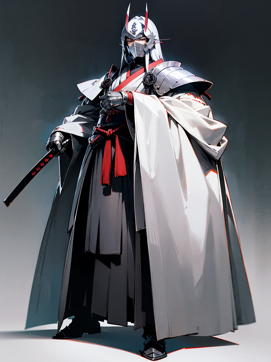 1male, adult, silver hair, long hair, sliver samurai helmet, silver samurai armor, grey eyes, serious expression, lean builds, standing on path, facing viewer