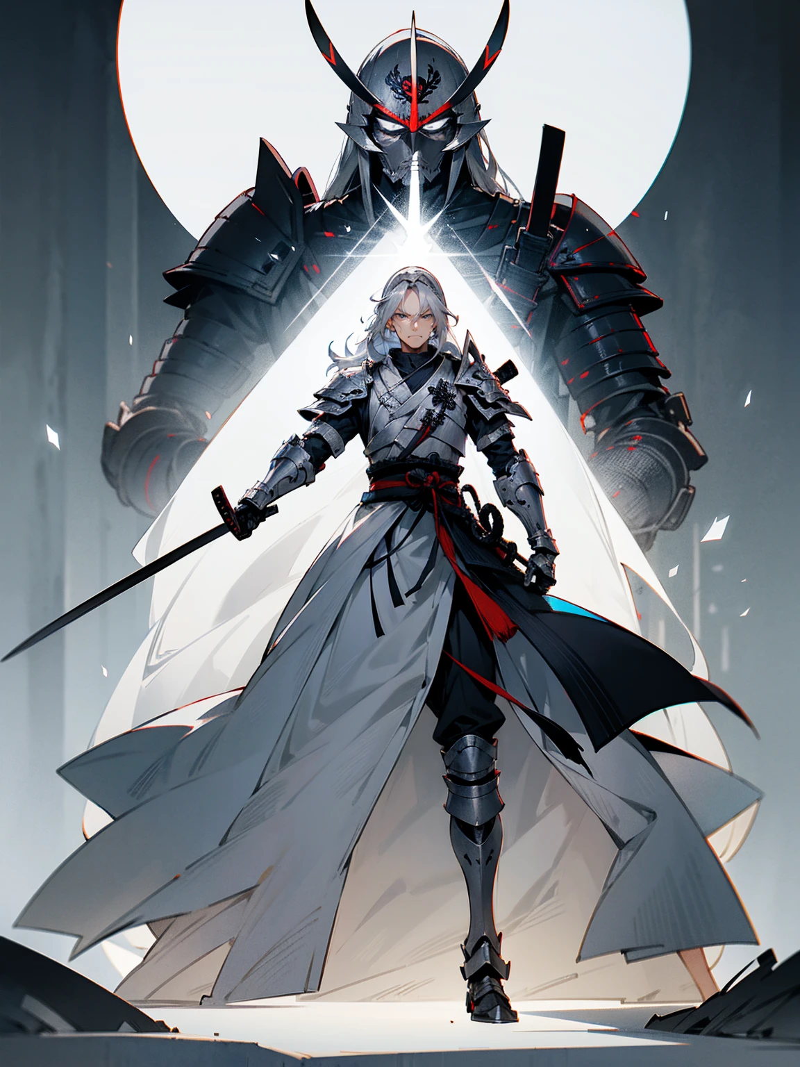 1male, adult, silver hair, long hair, sliver samurai helmet, silver samurai armor, grey eyes, serious expression, lean builds, standing on path, facing viewer