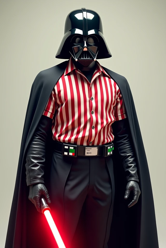 Darth Vader wearing a red and white striped shirt ,with a saber,looking at the camera