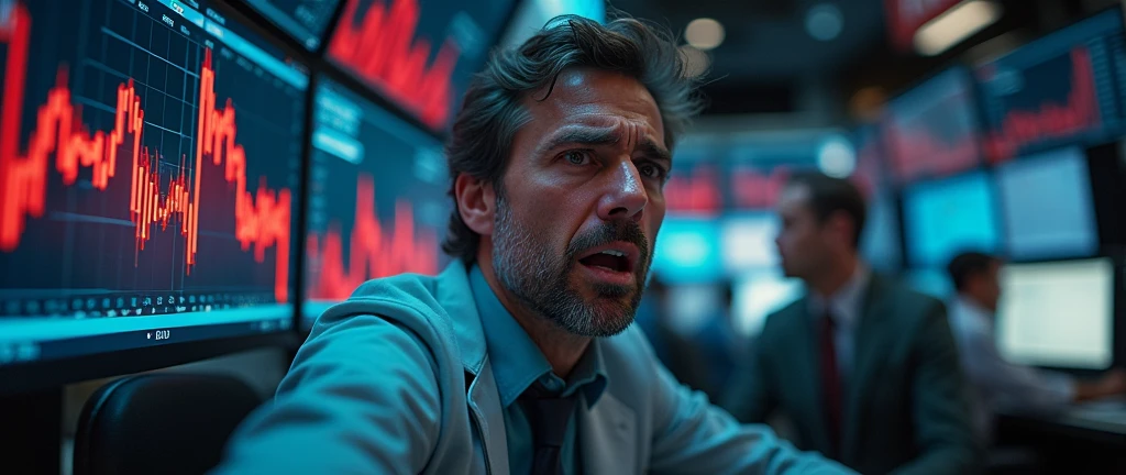 stressed stock exchange trader, overwhelmed and distraught, struggling to comprehend a sudden stock market collapse, surrounded by screens displaying plummeting red graphs and negative ticker information, financial crisis concept vividly portrayed with a stock broker in despair, intense focus on the emotion of shock and frustration, dark and tense atmosphere with harsh lighting emphasizing the urgency and severity of the situation, real-time data flashing in the background, capturing the chaos and anxiety of a market crash