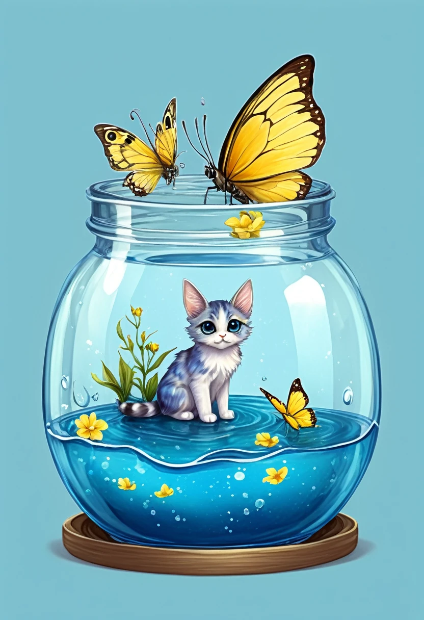 here is a small cat sitting in a fish bowl with a butterfly on it, butterfly in jar, cute detailed digital art, adorable digital painting, tiny faeries, cute detailed artwork, cute digital art, extra detailed, fanart, water fairy, pixie character, faerie, beautiful fairie, beautiful fairies, blue and yellow fauna, detailed art, eevee, realistic depiction