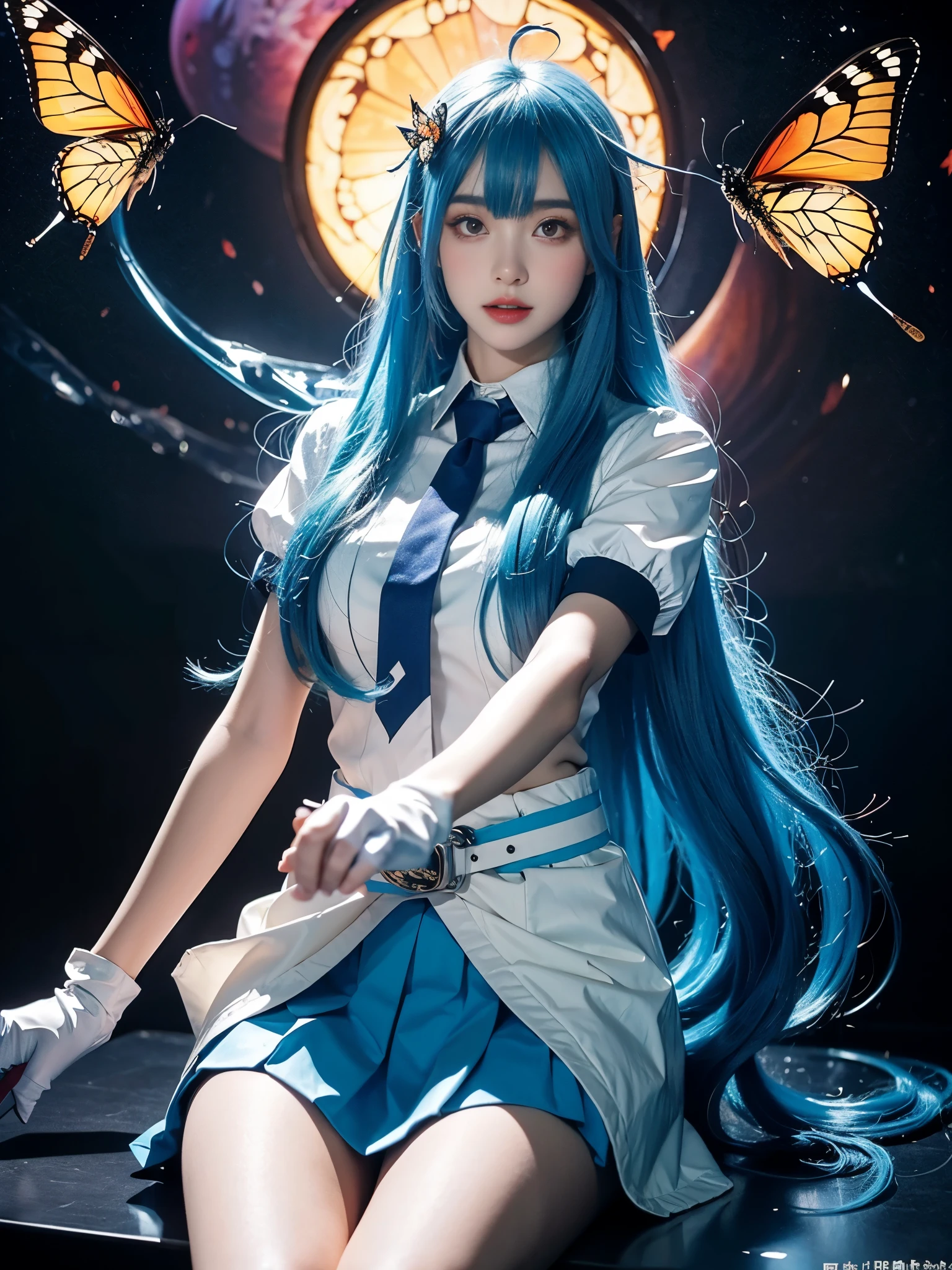 22niang, bilious suit,
aqua hair, long hair, hair ornament, ahoge, hair ribbon,
collared shirt, puffy short sleeves, necktie, belt, pleated skirt, gloves, Beautiful dance dynamics, Sitting，Lean back，Long legs , ((Flowing long hair))Official Art , Unity8k Wallpaper , Extremely detailed , Visible cleavage, Pretty and beautiful , Sexy long legs, masterpiece , best quality ,Practical, Very detailed illustrations ,Extremely detailed , Intricate details , Extremely complex and detailed , Very detailed 8KCG wallpaper , Caustics .reflection , Ray Tracing , Devil Theme ,nebula ,Dark aura, Network Effects , (1 Girl)Solitary , 小蓝Butterfly , Dozens of monarch butterflies around , (Blue plasma flame , (insect , Butterfly)) 圣光Butterfly天使 , Butterfly翅膀 , Pastel tones in Rococo style ,Light white and light dark red , Incredibly beautiful , Cherry blossoms , Surrealism ,painting , Ethereal , Mixing reality and fantasy elements ,Ray Tracing , Complex patterns , Delicate lines , Perfect your hands, Starry Sky , rich and colorful , Star