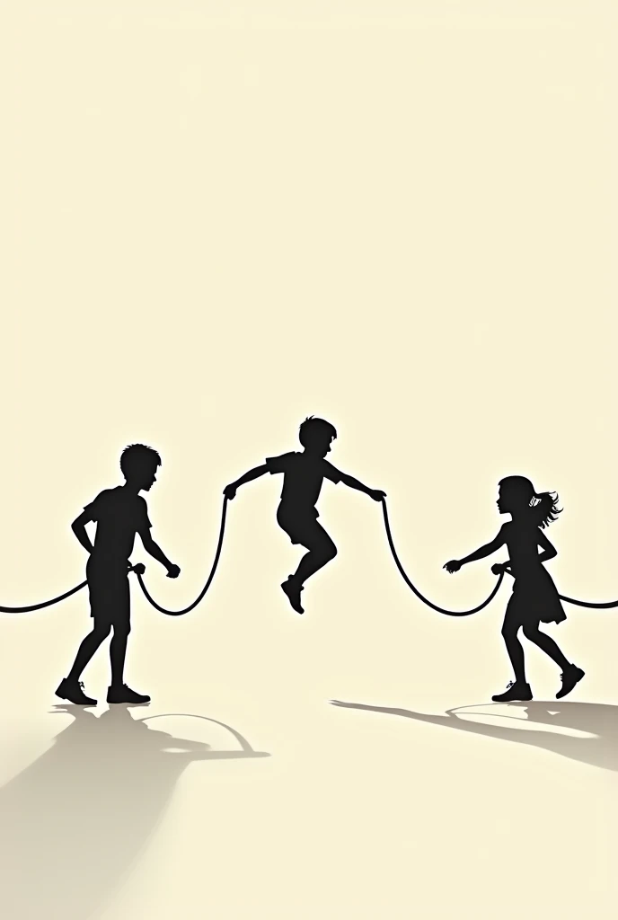 A person playing double dutch。
What is Double Dutch?、It is a long rope skipping game using two ropes.。
There was a man jumping in the rope.、There are two men holding both sides of the rope and swinging it.。
The jumping man is not touching the rope.。
Make sure the rope is not tangled。
Please draw silhouettes of people without drawing faces.。