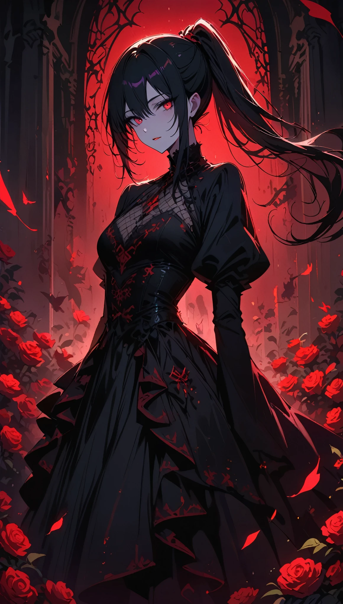 Dark and mysterious,night,Rain of Blood,gothic anime girl,Let me show you the God of Death!哥特式非同寻常的An artistic masterpiece,ominous clouds,unforgettably beautiful,Ethereal moonshine,strange shadow,strong contrast,nasty,An artistic masterpiece,detailed texture,dark palette,ominous atmosphere,impressive artistry,exquisite details,Gothic architecture,dramatic lighting,Bright red shade,ominous numbers,strange symbols,Surreal elements