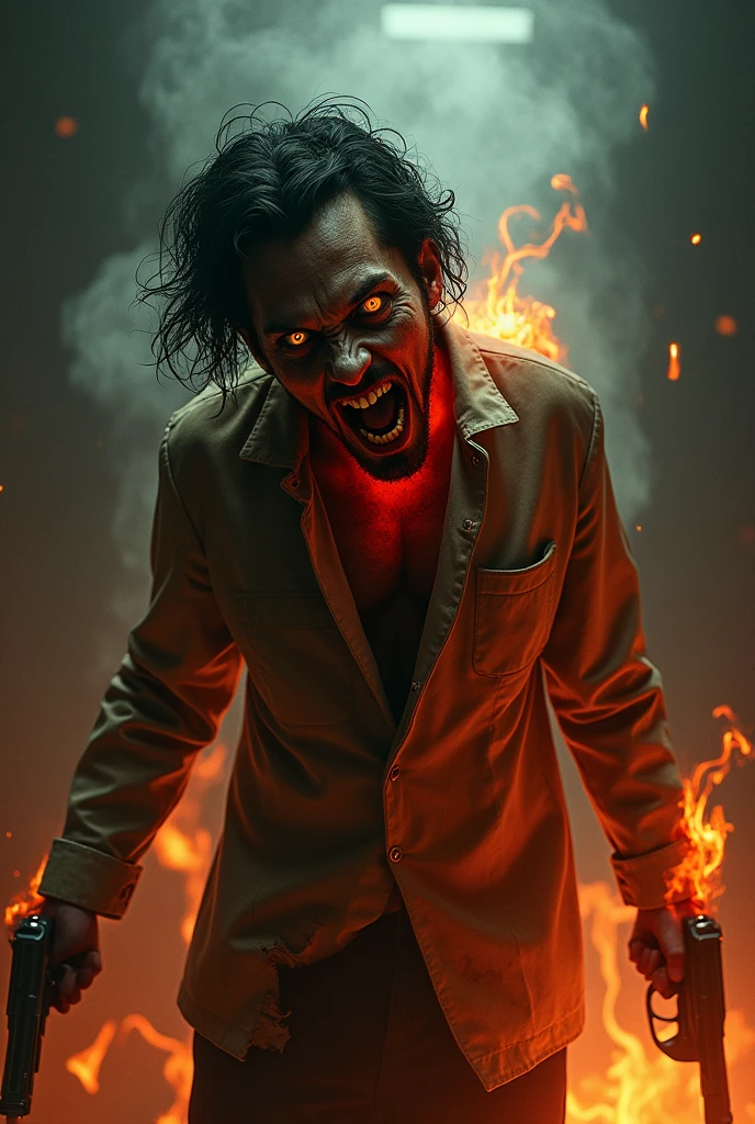 A crazy psychopath who is on fire and looks crazy who is human and has a gun