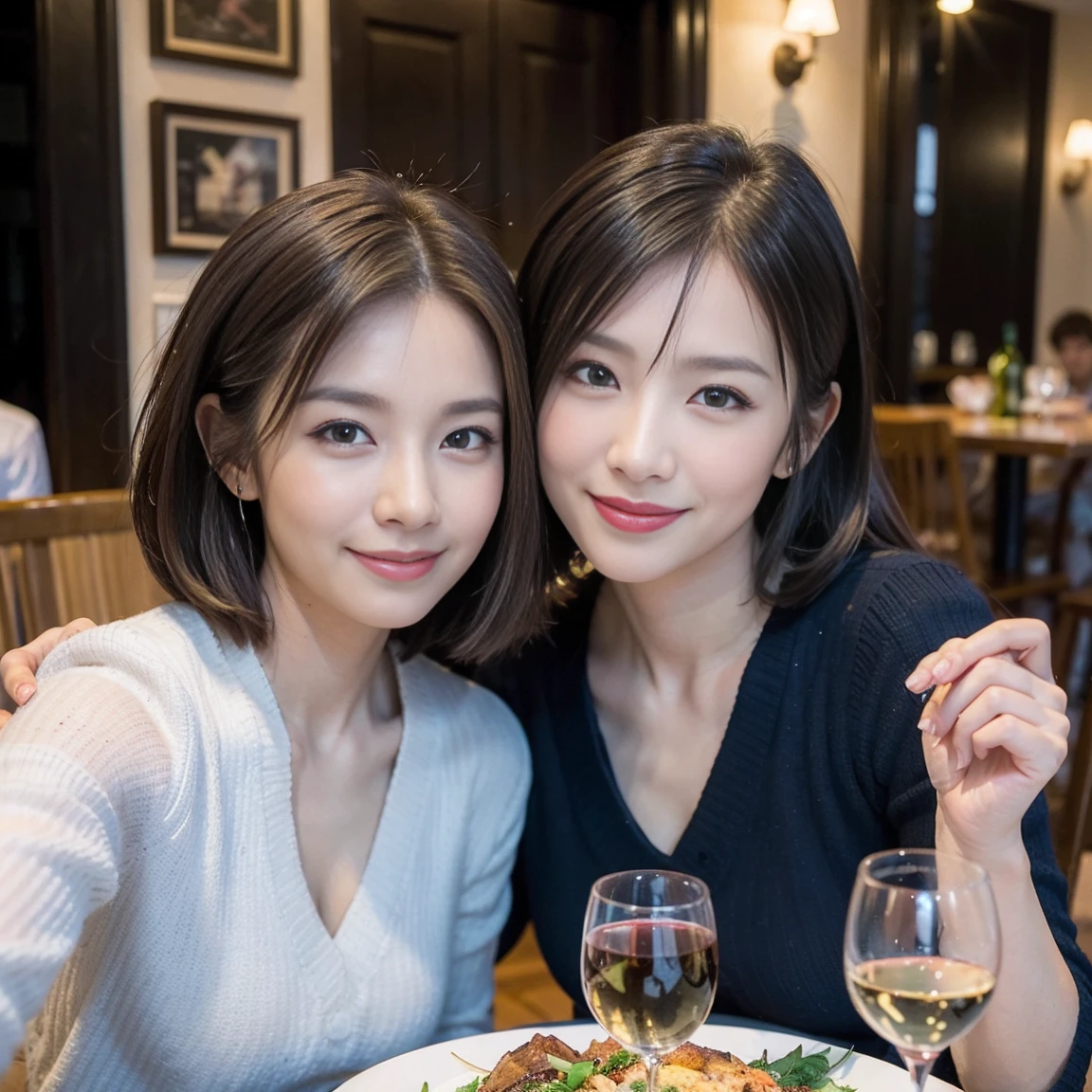 ((Highest quality、8k、masterpiece:1.3))、Slim couple、Model Couple、(Realistic, Intricate details:1.2), full-course dinner、wine 、Amazing view of the sunset sky and clouds、Bright smile、The beauty of a smile、Bright image、wineの美しさ, Beautiful Face, blue eyes, The light shines on your face, blush, short hair,Bright Face、 (Age 35), 38 years old, 赤wine 、Appetizers、Italian food、wine bottle、Champagne、スパークリングwine、Two beauties、Brown Hair、Shortcuts、Long sleeve shirt、dress、Two beautiful women