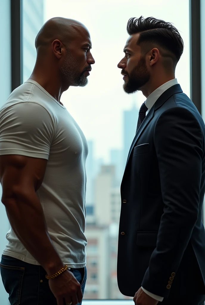 Dwayne johnson wearing t shirt and face to face with handsome muscular man with hair wearing formal dress at office room top floor,brighter l𝖎ght