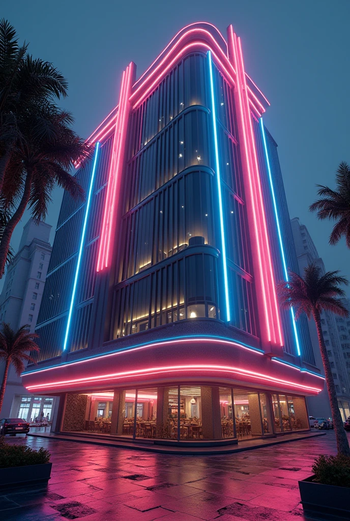 art deco design,urban buildings,streamline moderne,futuristic architecture, Abstraction,modern style,Luxury and Luxury,Future night view,Futuristic decorative elements,Metallic,number line,sci-fi lamp,Virtual Engine,Unreal rendering,neon lights, apartments, restaurants, mid rise, mixed use