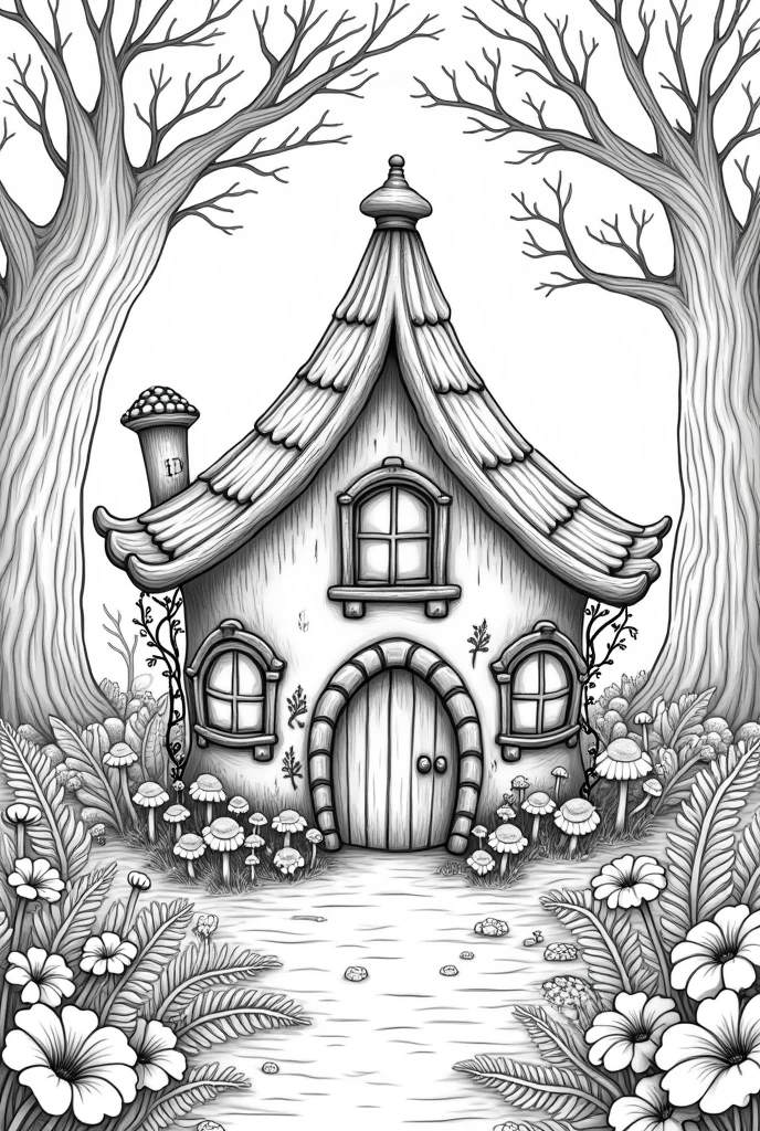 Fairy house land coloring book pages nature background no color black and white high details