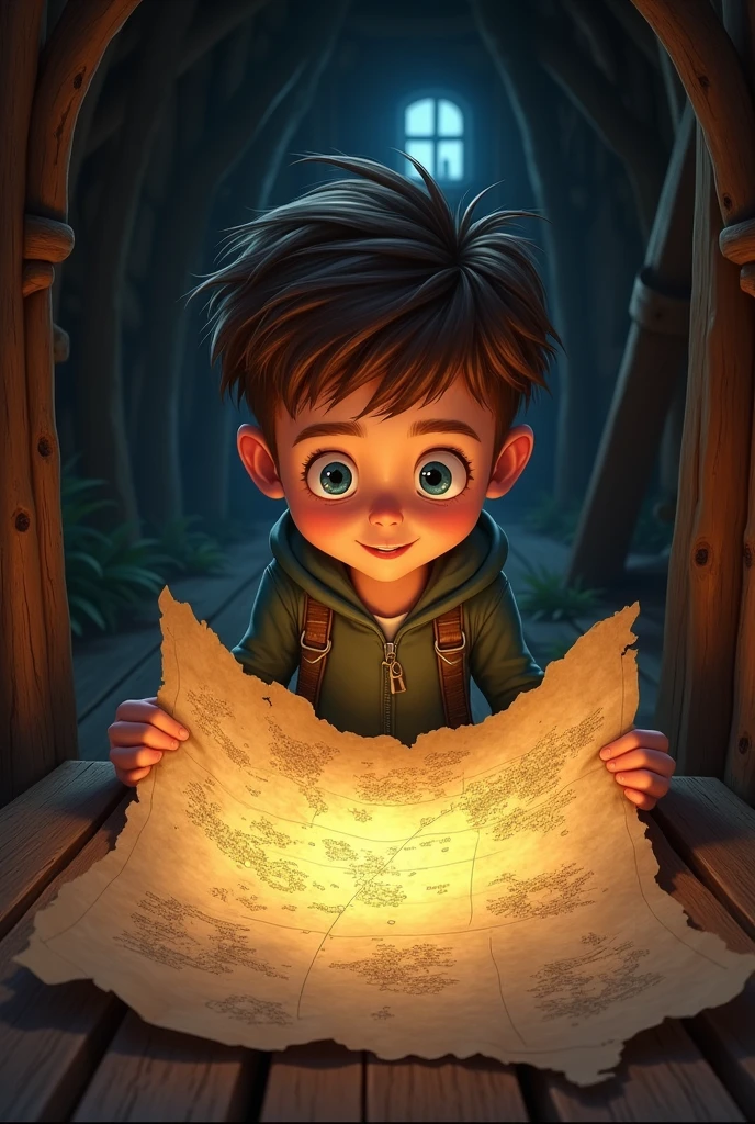 Narration:
In a small, quiet town, a curious boy named Max, about 12 years old with tousled brown hair and bright blue eyes, discovers an ancient map hidden in his attic.