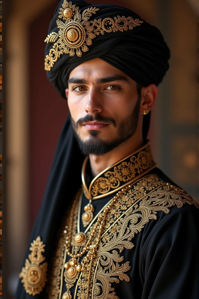 A young turkic islamic man in dark brow and golden sultan suit and with black and golden turban