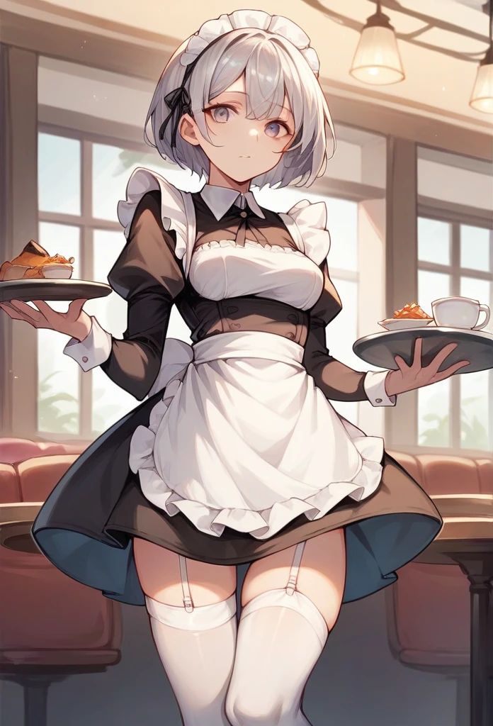 pretty girl,Silver Hair,Short Hair,Maid clothes,White knee-high socks,White garter belt,pumps,Cafe,Hold the tray in your right hand,