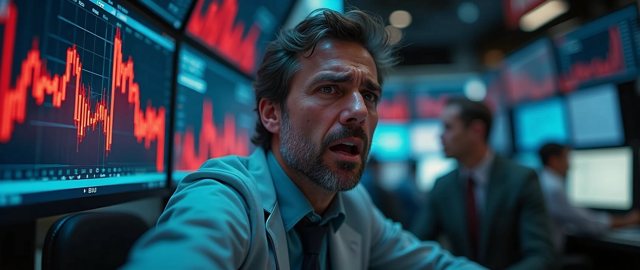 stressed stock exchange trader, overwhelmed and distraught, struggling to comprehend a sudden stock market collapse, surrounded by screens displaying plummeting red graphs and negative ticker information, financial crisis concept vividly portrayed with a stock broker in despair, intense focus on the emotion of shock and frustration, dark and tense atmosphere with harsh lighting emphasizing the urgency and severity of the situation, real-time data flashing in the background, capturing the chaos and anxiety of a market crash