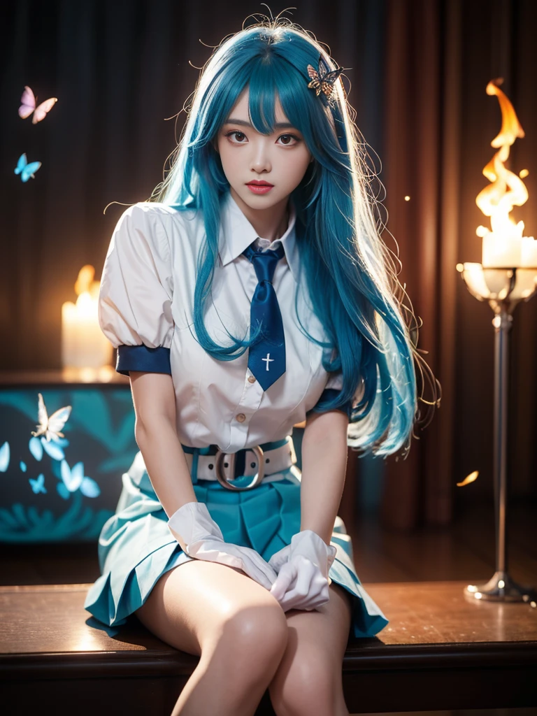 22niang, bilious suit, aqua hair, long hair, hair ornament, ahoge, hair ribbon, collared shirt, puffy short sleeves, necktie, belt, pleated skirt, gloves, Beautiful dance dynamics, Sitting，Lean back，Long legs , ((Flowing long hair))Official Art , Unity8k Wallpaper , Extremely detailed , Visible cleavage, Pretty and beautiful , Sexy long legs, masterpiece , best quality ,Practical, Very detailed illustrations ,Extremely detailed , Intricate details , Extremely complex and detailed , Very detailed 8KCG wallpaper , Caustics .reflection , Ray Tracing , Devil Theme ,nebula ,Dark aura, Network Effects , (1 Girl)Solitary , 小蓝Butterfly , Dozens of monarch butterflies around , (Blue plasma flame , (insect , Butterfly)) 圣光Butterfly天使 , Butterfly翅膀 , Pastel tones in Rococo style ,Light white and light dark red , Incredibly beautiful , Cherry blossoms , Surrealism ,painting , Ethereal , Mixing reality and fantasy elements ,Ray Tracing , Complex patterns , Delicate lines , Perfect your hands, Starry Sky , rich and colorful , Star