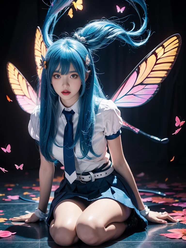 22niang, bilious suit, aqua hair, long hair, hair ornament, ahoge, hair ribbon, collared shirt, puffy short sleeves, necktie, belt, pleated skirt, gloves, Beautiful dance dynamics, Sitting，Lean back，Long legs , ((Flowing long hair))Official Art , Unity8k Wallpaper , Extremely detailed , Visible cleavage, Pretty and beautiful , Sexy long legs, masterpiece , best quality ,Practical, Very detailed illustrations ,Extremely detailed , Intricate details , Extremely complex and detailed , Very detailed 8KCG wallpaper , Caustics .reflection , Ray Tracing , Devil Theme ,nebula ,Dark aura, Network Effects , (1 Girl)Solitary , 小蓝Butterfly , Dozens of monarch butterflies around , (Blue plasma flame , (insect , Butterfly)) 圣光Butterfly天使 , Butterfly翅膀 , Pastel tones in Rococo style ,Light white and light dark red , Incredibly beautiful , Cherry blossoms , Surrealism ,painting , Ethereal , Mixing reality and fantasy elements ,Ray Tracing , Complex patterns , Delicate lines , Perfect your hands, Starry Sky , rich and colorful , Star