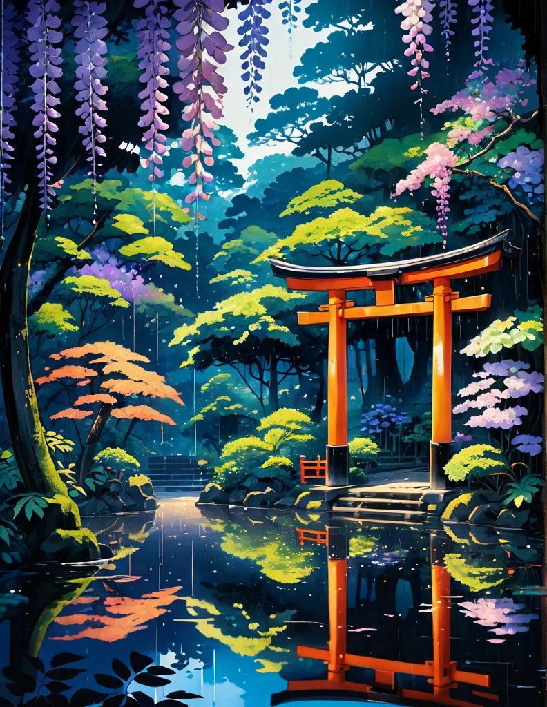 wide view, torii, Japanese forest, dense wisteria trees, day light, rain, reflection, tropical leafy plants, light shine on part of foliage, micro landscape, intrinsic details, dark, night time, micro landscape, intrinsic details