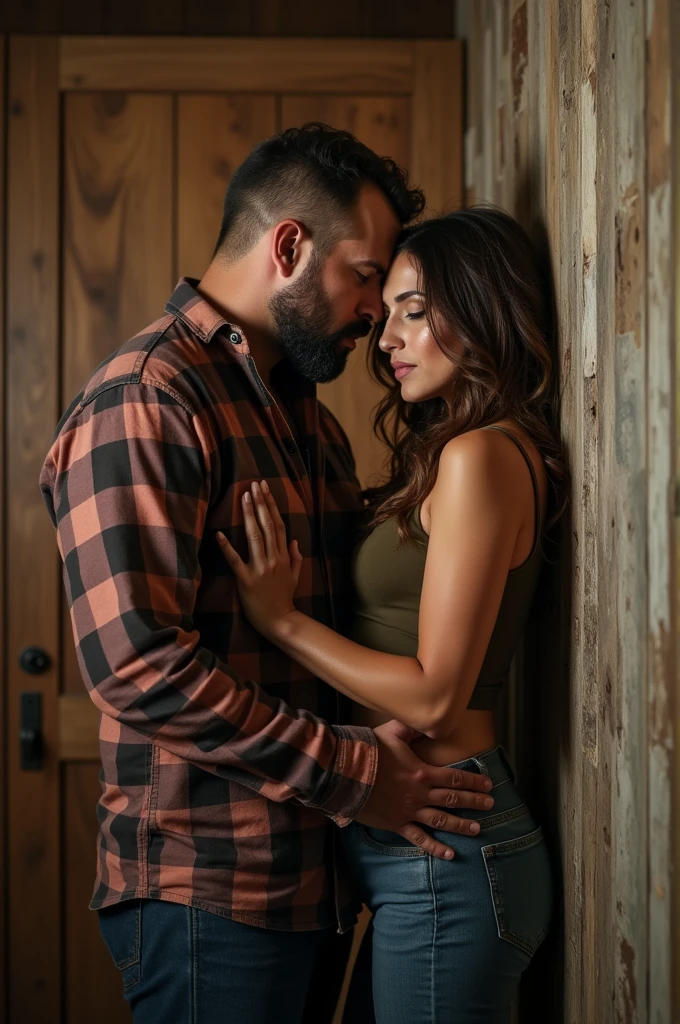 Big strong rugged man in lumberjack look, pushes very beautiful woman against the wall and kisses her, very erotic, Powerful