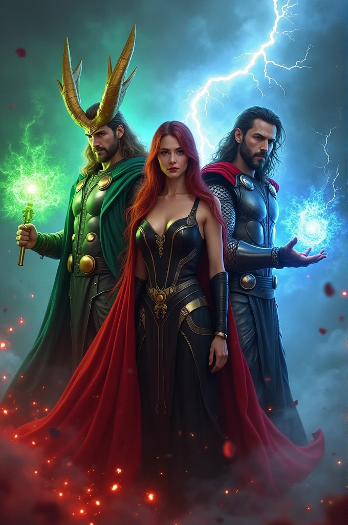 Loki with gold horn and green magic,
Thor with blue aura and lightning 
Scarlet witch with red aura 