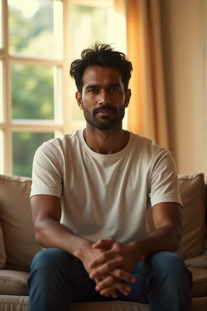 1 Indian man aged 31 in casual wear, sitting on a sofa, (sharp focus), depth of field, (morning sunlight), (shot on arri alexa LF), bokeh, (extremely symmetrical perfect face), photorealistic, solo