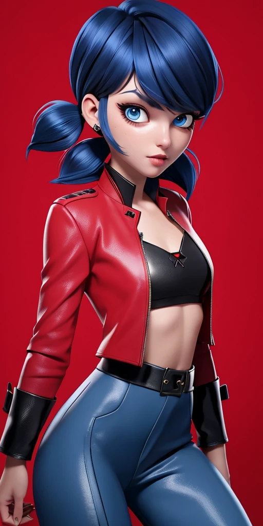 Dark blue, bob-cut hair with red-tipped ponytail, blue eyes, light makeup with winged eyeliner, neutral expression,red leather pants with floral design, black leather blazer, chest-up view