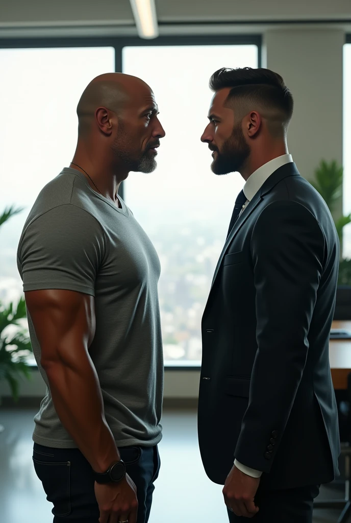 Dwayne johnson wearing t shirt and face to face with handsome muscular man with hair wearing formal dress at office room top floor,brighter l𝖎ght
