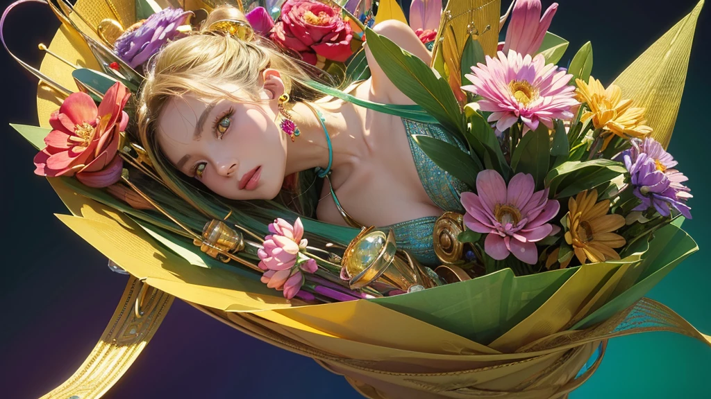 32K, 最高quality, 最高masterpiece, (ultra-Detailed Background, Detailed Background), High resolution, Super detailed, Very detailedな, One girl, (bouquet:1.3), (Tangled:1.2), (Geometric:1.2),(colorful),(masterpiece, quality, best quality, Official Art, Beautiful and beautiful:1.2), (1 girl:1.3), Very detailed,(colorful:1.1)(Flowers:1.3),Most detailed,(Tangled:1.2), whole body, (Abstract background:1.3), (Skin glows), (Many colors:1.4), ,(Earrings Jewelry:1.5), Light green background,