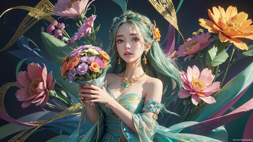 32K, 最高quality, 最高masterpiece, (ultra-Detailed Background, Detailed Background), High resolution, Super detailed, Very detailedな, One girl, (bouquet:1.3), (Tangled:1.2), (Geometric:1.2),(colorful),(masterpiece, quality, best quality, Official Art, Beautiful and beautiful:1.2), (1 girl:1.3), Very detailed,(colorful:1.1)(Flowers:1.3),Most detailed,(Tangled:1.2), whole body, (Abstract background:1.3), (Skin glows), (Many colors:1.4), ,(Earrings Jewelry:1.5), Light green background,