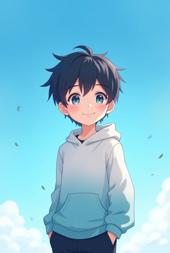Under the blue sky, her hair is black, her eyes are blue and transparent、A cute boy wearing a white and slightly blue hoodie and black pants is smiling.。