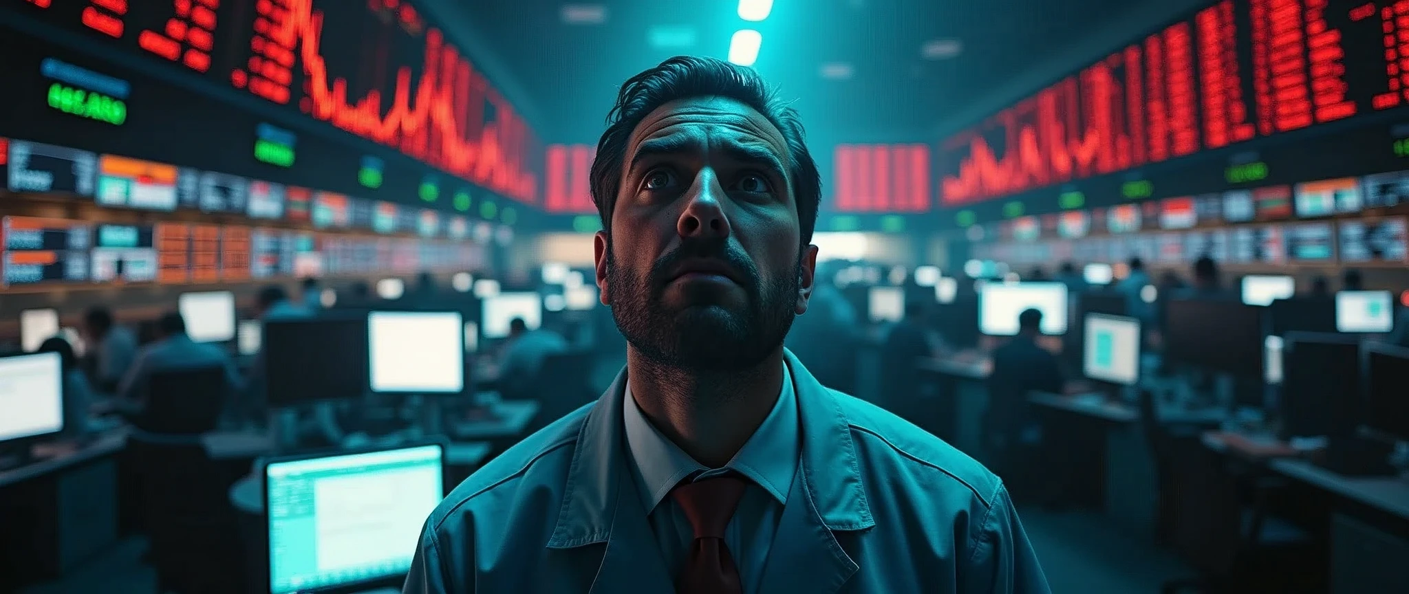 stressed stock exchange trader, overwhelmed and distraught, struggling to comprehend a sudden stock market collapse, surrounded by screens displaying plummeting red graphs and negative ticker information, financial crisis concept vividly portrayed with a stock broker in despair, intense focus on the emotion of shock and frustration, dark and tense atmosphere with harsh lighting emphasizing the urgency and severity of the situation, real-time data flashing in the background, capturing the chaos and anxiety of a market crash