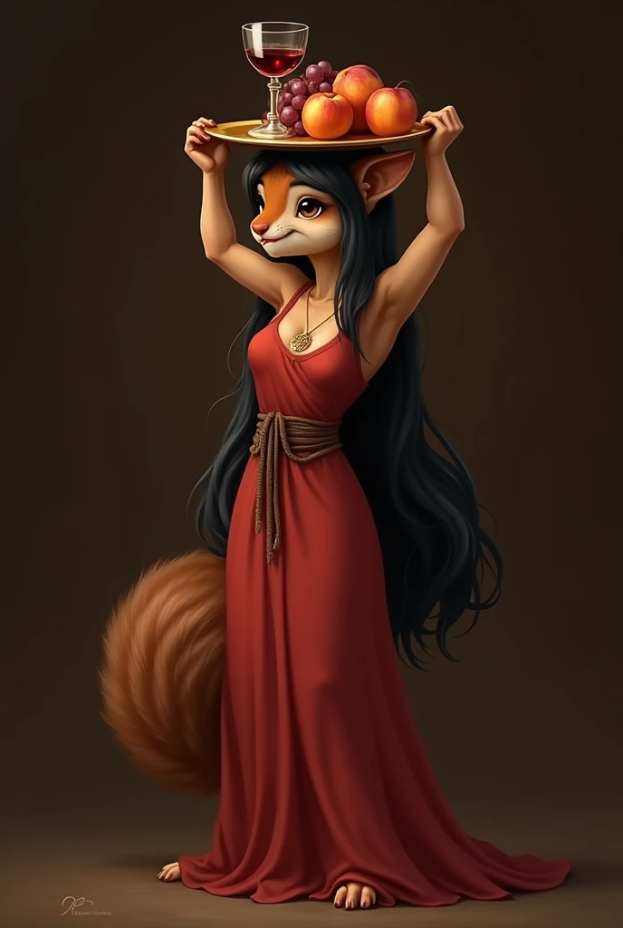 An anthropomorphic adult brown female chipmunk with black hair reaching the ground. She is wearing a crimson floor-length tunic with a brown belt.. She carries a golden plate with a glass of wine on her head., grapes and peaches. The background is dark brown.