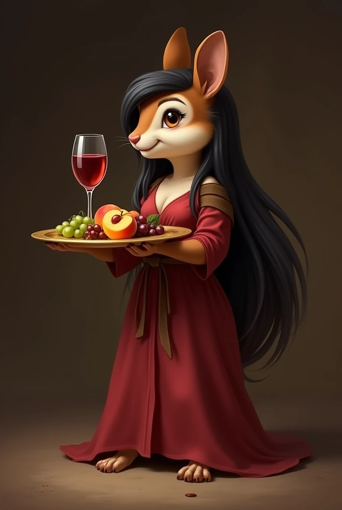 An anthropomorphic adult brown female chipmunk with black hair reaching the ground. She is wearing a crimson floor-length tunic with a brown belt.. She carries a golden plate with a glass of wine on her head., grapes and peaches. The background is dark brown.
