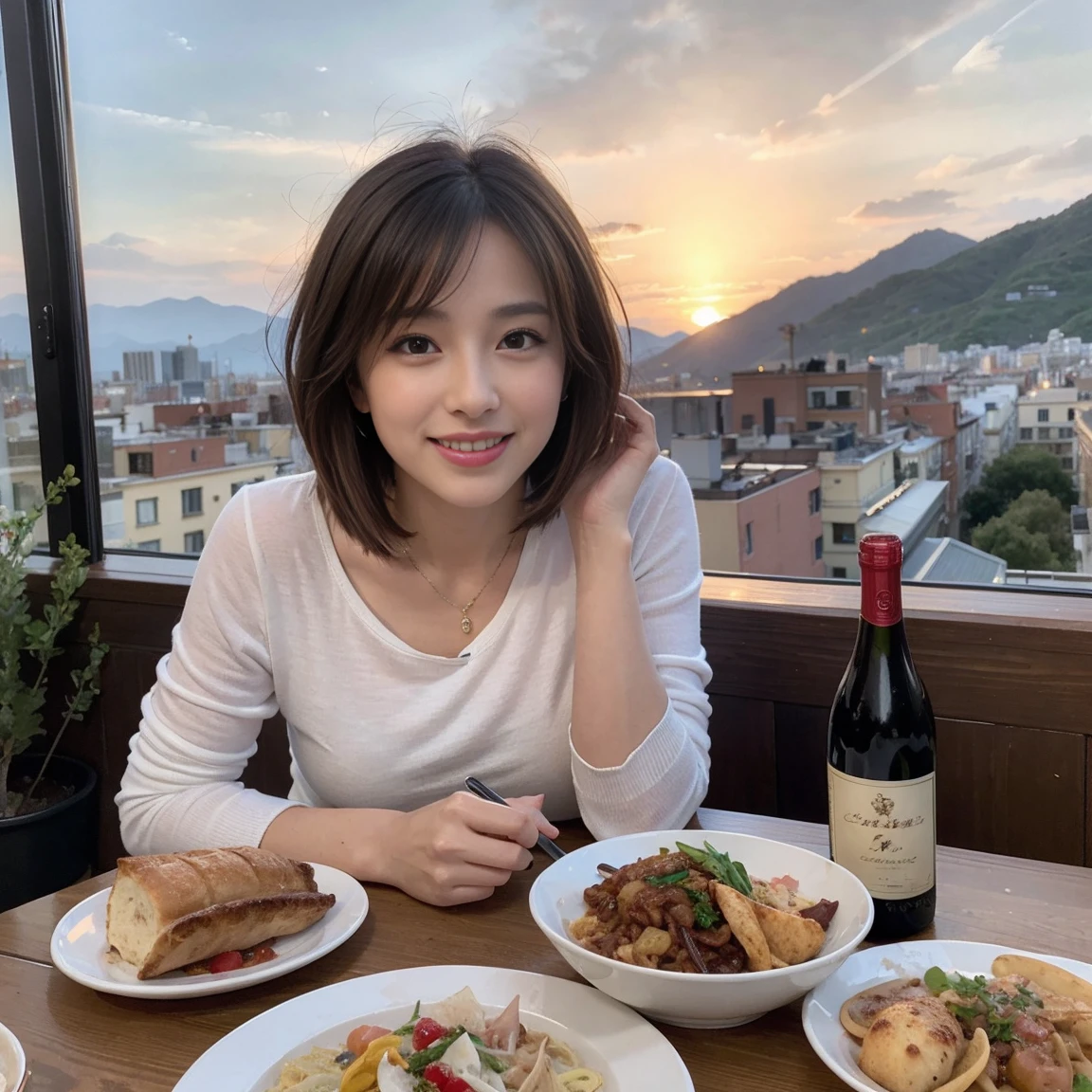 (Realistic:1.1),(masterpiece,Highest quality),8k,(56 years old), 53 years old, ベリーslimボディ、slimカップル、Tight waist,Upper Body,full-course dinner、wine 、Amazing view of the sunset sky and clouds、Perfect Anatomy, Brown Hair, short hair,Random Hairstyles,((Highly detailed face and eyes:1.2)),Perfect golden ratio face,Long sleeve shirt、dress,(smile:1.2)、Shortcuts、cute、(Realistic, Intricate details:1.2), A bright smile、short hair,Bright Face、赤wine 、Appetizers、Italian food、wine bottle、Champagne、スパークリングwine、(slimな顔), (The body is slim), (Brown Hair), (Shortcuts), Upper Body, 白wine, slim, wineグラス,