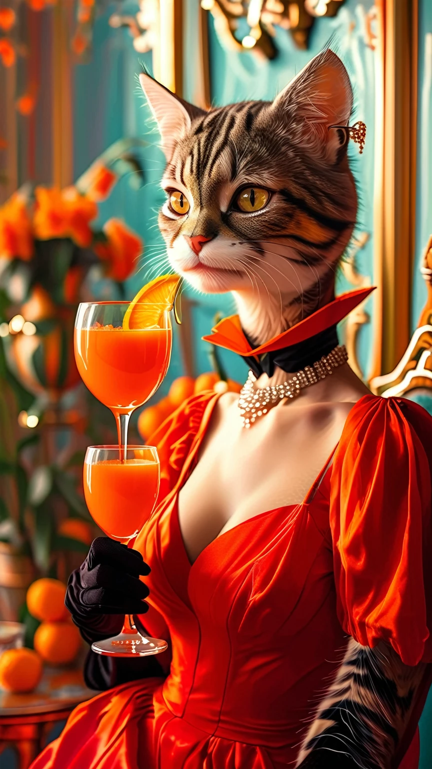 A humanoid feline woman、An anthropomorphic cat woman in her late 40s wearing a red dress and holding a glass of orange juice, with a drink, Emma Andievska, vesper lynd from casino royale, Drink a cocktail, by Lisa Nankibir, A glamorous cat woman, inspired by Carlo Martini, Advertising Photography, Lovely cat, by Mathias Kollros, Are you having fun, holding a martini
