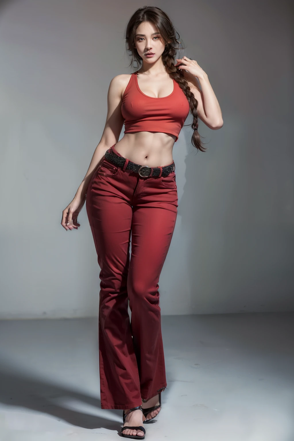 (RAW shooting, Photoreal:1.5, 8k, highest quality, masterpiece, ultra high resolution), perfect dynamic composition:1.2, Highly detailed skin and facial textures:1.2,beautiful and aesthetic:1.2, sexy beauty, perfect style, belief, Strong-willed, revenge, Fair skin, very beautiful face, (large breast:1.8, Chest gap:1.8), (beautiful eyes)(1girl, tall, long legs, navel:1.2, makeup:1.2, single braid, thicc tight:1.4, red color tank top,sleeveless,belt:2,red color jeans:2,plunging neckline:2),(simple background:1),(knees together),(full body photo:2),