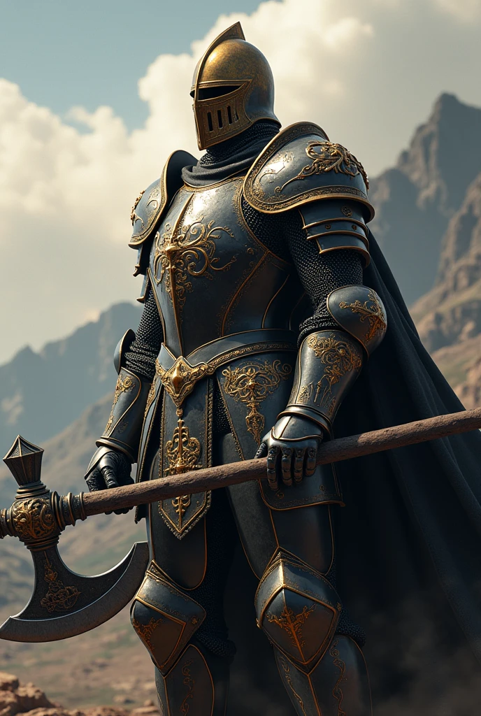 A knightly man, with a golden helmet, robust black armor with golden decoration, armed with an epic double-edged axe.