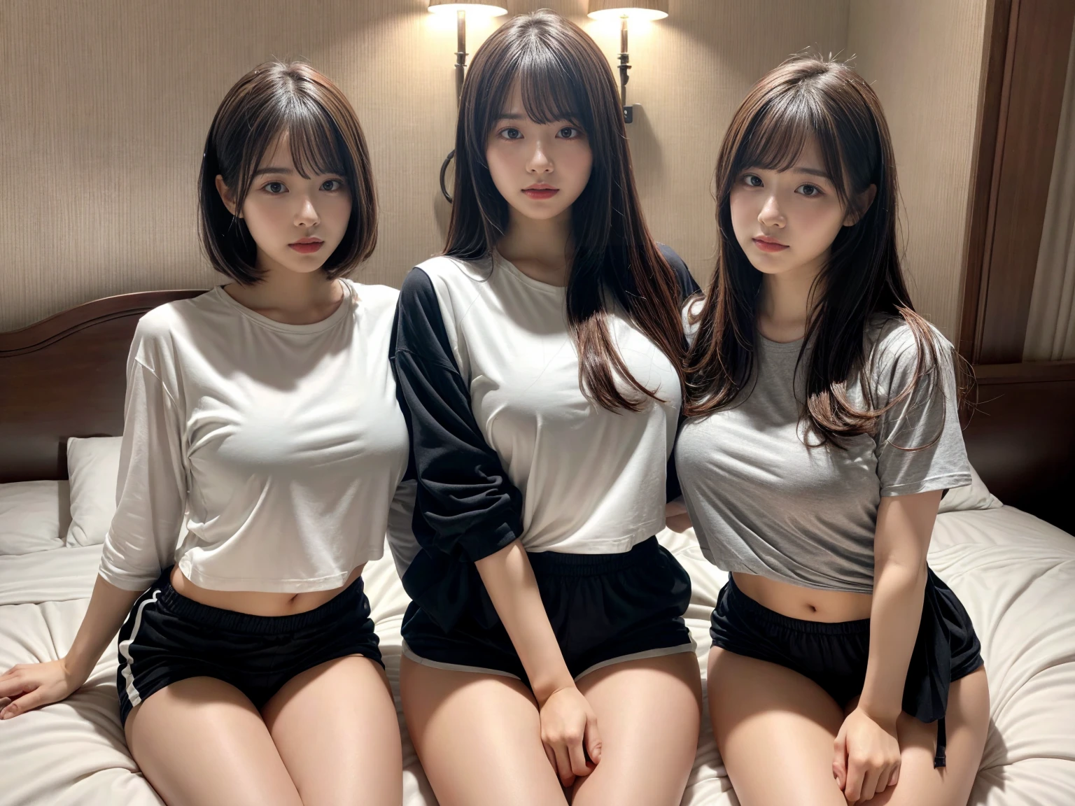 masterpiece, best quality, illustration, Super detailed, fine details, High resolution, 8K,wall paper, perfect dynamic composition,(Details High quality, realistic depiction of eyes:1.3), (2 girls), oversized sport shirt, shorts women, sitting, open legs, short bob hair, in a hotel room in the background, deep on field, large breasts, black hair color, Big Natural Color Lip, (perfect body shape), crying a little、Harajuku style、20 year old girl、cute type、beautiful legs, Gravure Idol