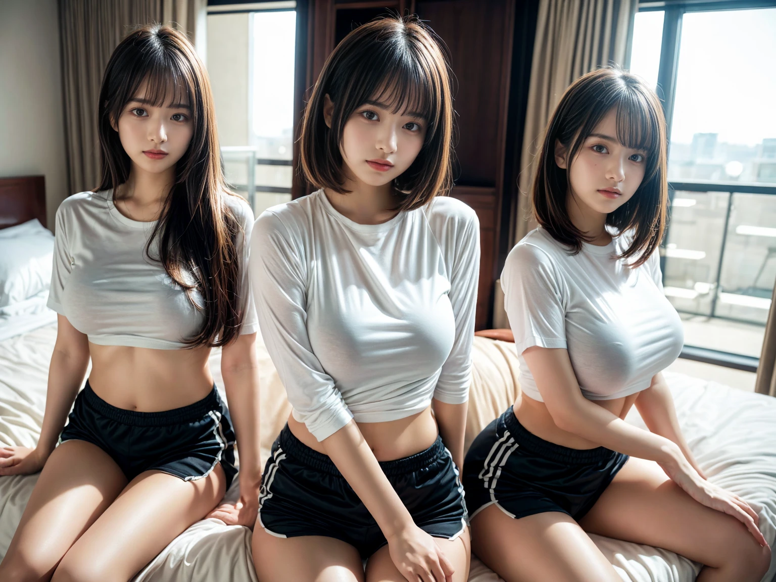 masterpiece, best quality, illustration, Super detailed, fine details, High resolution, 8K,wall paper, perfect dynamic composition,(Details High quality, realistic depiction of eyes:1.3), (2 girls), oversized sport shirt, shorts women, sitting, open legs, short bob hair, in a hotel room in the background, deep on field, large breasts, black hair color, Big Natural Color Lip, (perfect body shape), crying a little、Harajuku style、20 year old girl、cute type、beautiful legs, Gravure Idol