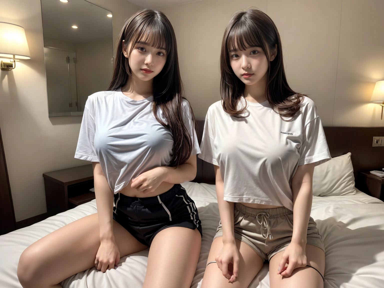 masterpiece, best quality, illustration, Super detailed, fine details, High resolution, 8K,wall paper, perfect dynamic composition,(Details High quality, realistic depiction of eyes:1.3), (2 girls), oversized sport shirt, shorts women, sitting, open legs, short bob hair, in a hotel room in the background, deep on field, large breasts, black hair color, Big Natural Color Lip, (perfect body shape), crying a little、Harajuku style、20 year old girl、cute type、beautiful legs, Gravure Idol