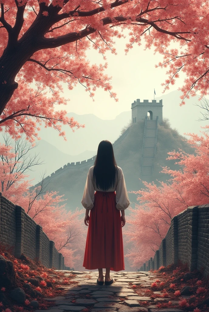 (Ten miles of peach blossoms:1.2)，Under the peach tree，The back of a woman with waist-length hair，Determined gaze， Heqiang，She looked at the Great Wall in the distance, Smoky.，flint，Blood on the Sand，Iron can move vertically and horizontally，bodies scattered across the fields，China，ancient，ink，