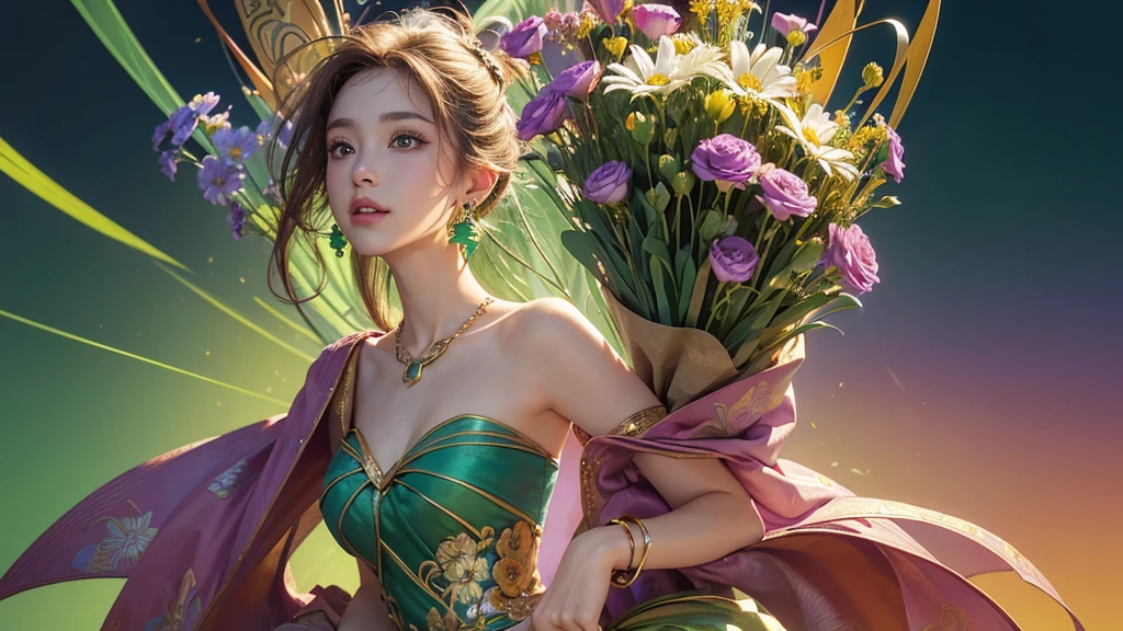 32K, 最高quality, 最高masterpiece, (ultra-Detailed Background, Detailed Background), High resolution, Super detailed, Very detailedな, One girl, (bouquet:1.3), (Tangled:1.2), (Geometric:1.2),(colorful),(masterpiece, quality, best quality, Official Art, Beautiful and beautiful:1.2), (1 girl:1.3), Very detailed,(colorful:1.1)(Flowers:1.3),Most detailed,(Tangled:1.2), whole body, (Abstract background:1.3), (Skin glows), (Many colors:1.4), ,(Earrings Jewelry:1.5), Light green background,